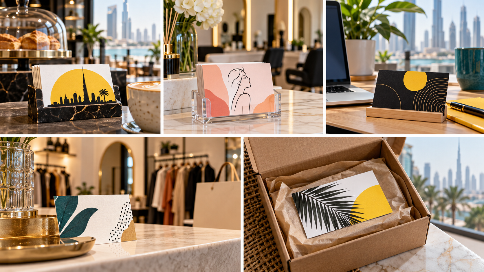 BizBee business-card guide visual for 10 creative places to leave business cards in dubai showing business cards placed across cafe, salon, coworking, retail and delivery settings.