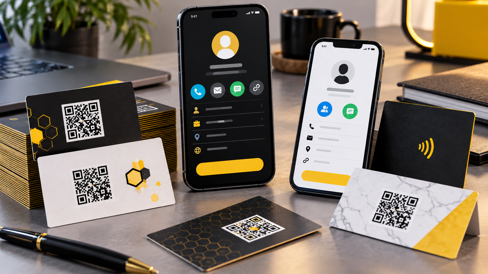 BizBee business-card guide visual for digital business card examples for dubai networking showing printed QR business cards beside abstract phone contact profile screens.