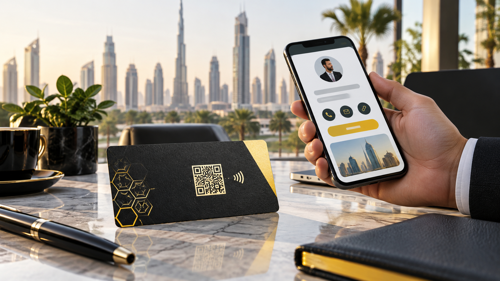 BizBee business-card guide visual for digital business cards for dubai professionals showing hybrid digital and printed card scene with phone contact interface, QR and NFC cues.