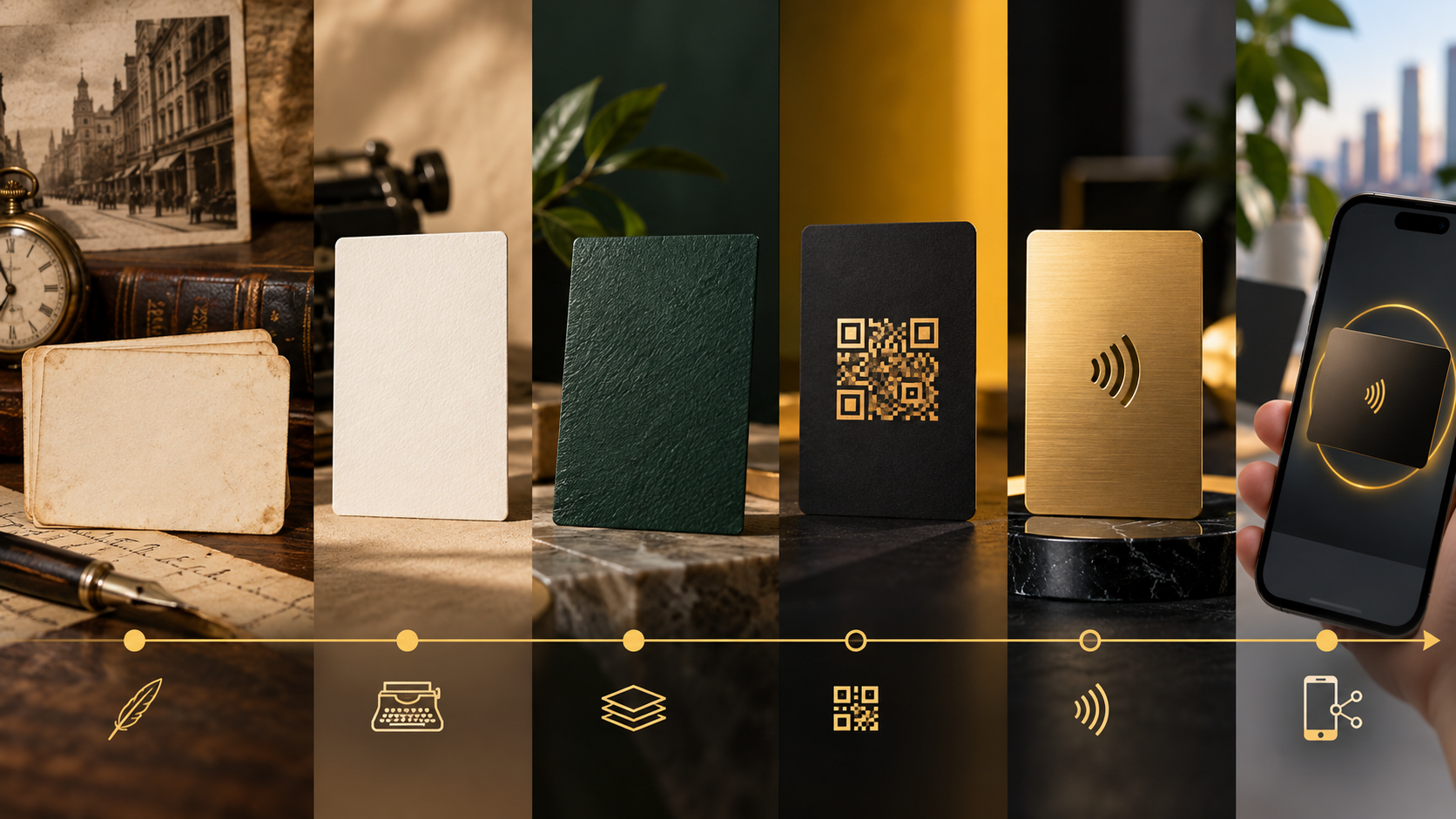 BizBee business-card guide visual for how business cards have evolved for modern dubai networking showing timeline of business cards from classic paper to QR, NFC and hybrid digital cards.