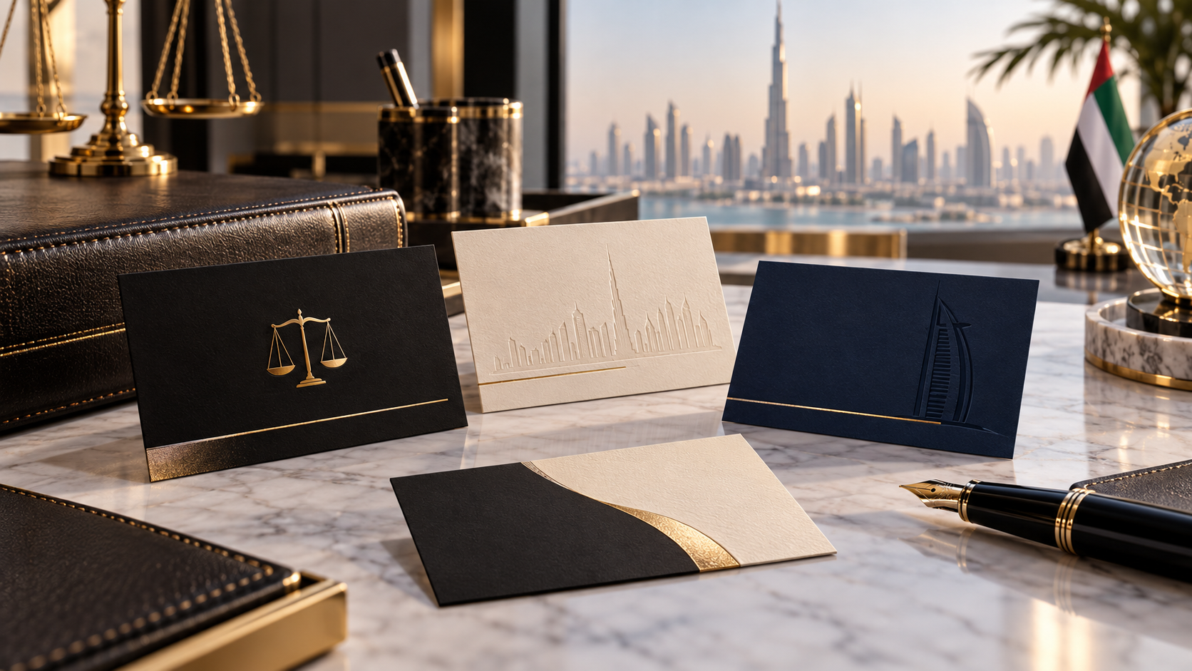 BizBee business-card guide visual for lawyer business card ideas for dubai legal professionals showing premium legal business card mockups on a Dubai office desk.