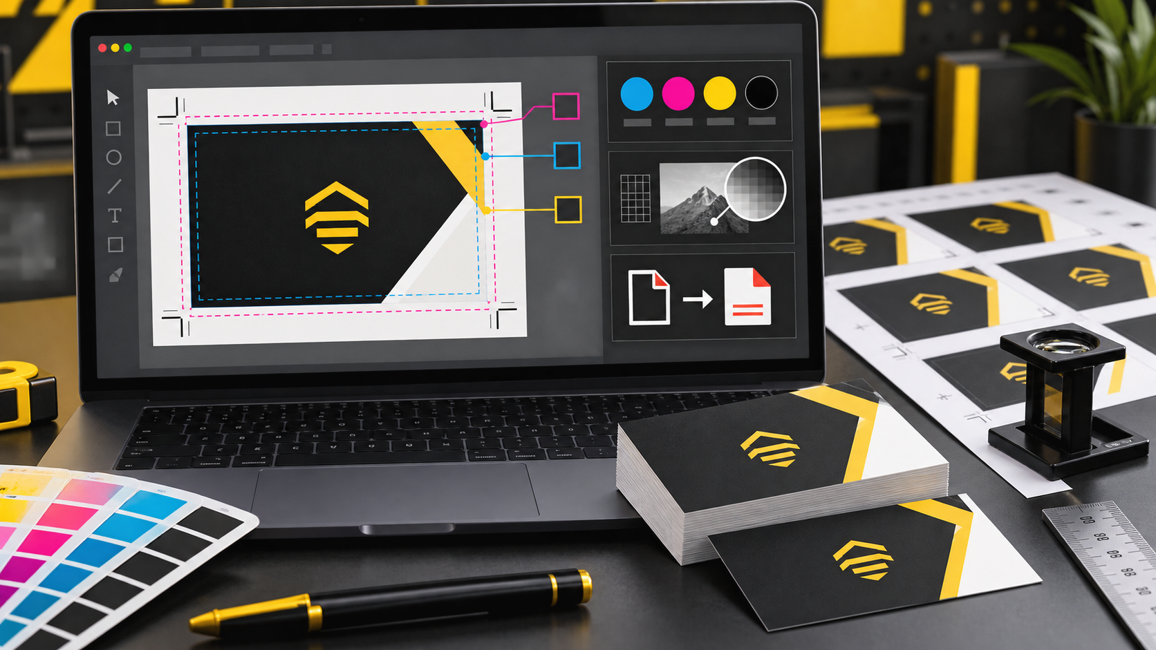 BizBee business-card guide visual for photoshop business card template tips before printing in dubai showing print setup workspace with bleed, trim, safe margin, CMYK swatches and proof sheets.