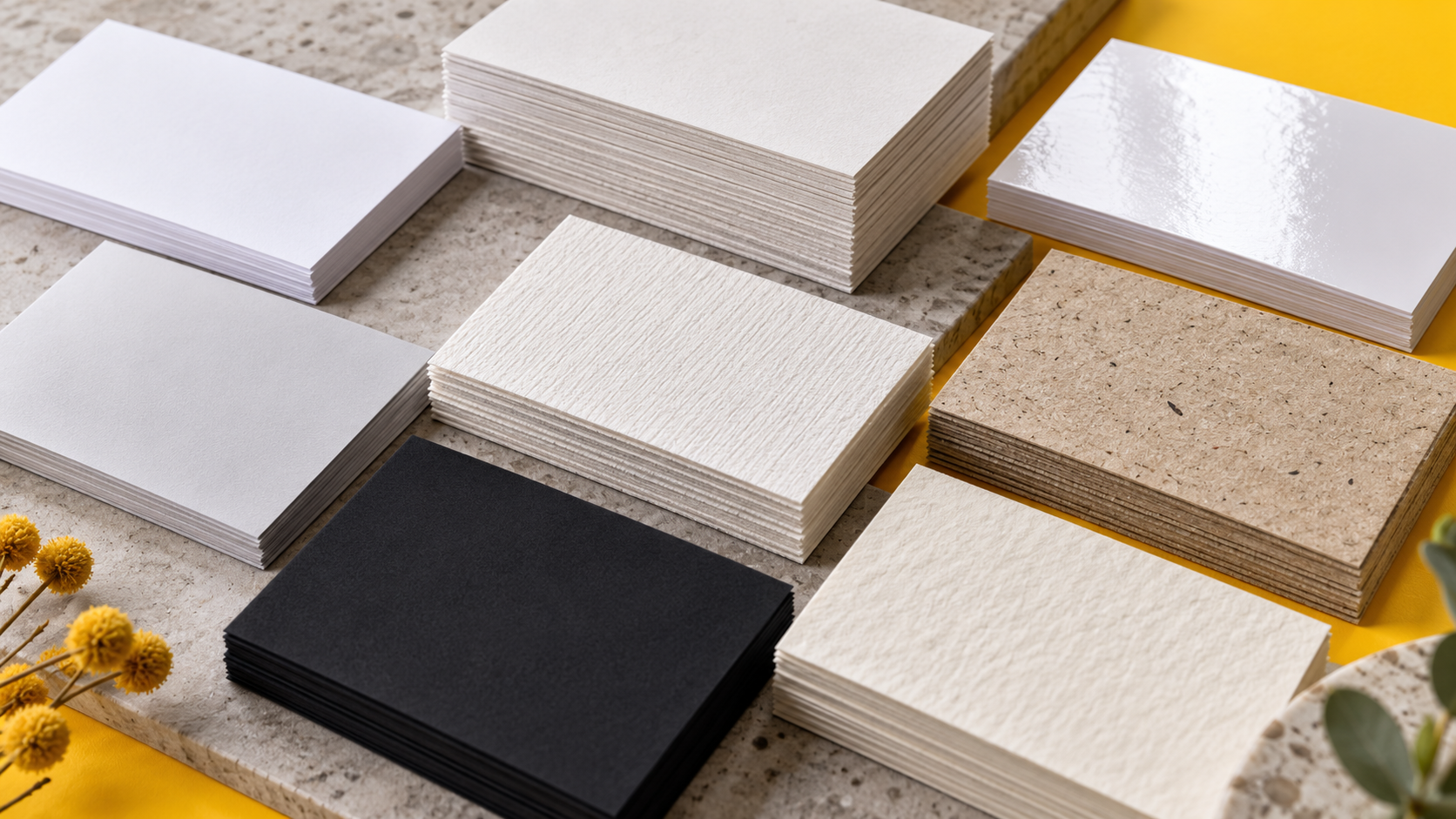 BizBee business-card guide visual for types of business card paper for dubai printing showing close-up comparison of paper texture, thickness, matte, gloss, recycled and luxury card stocks.