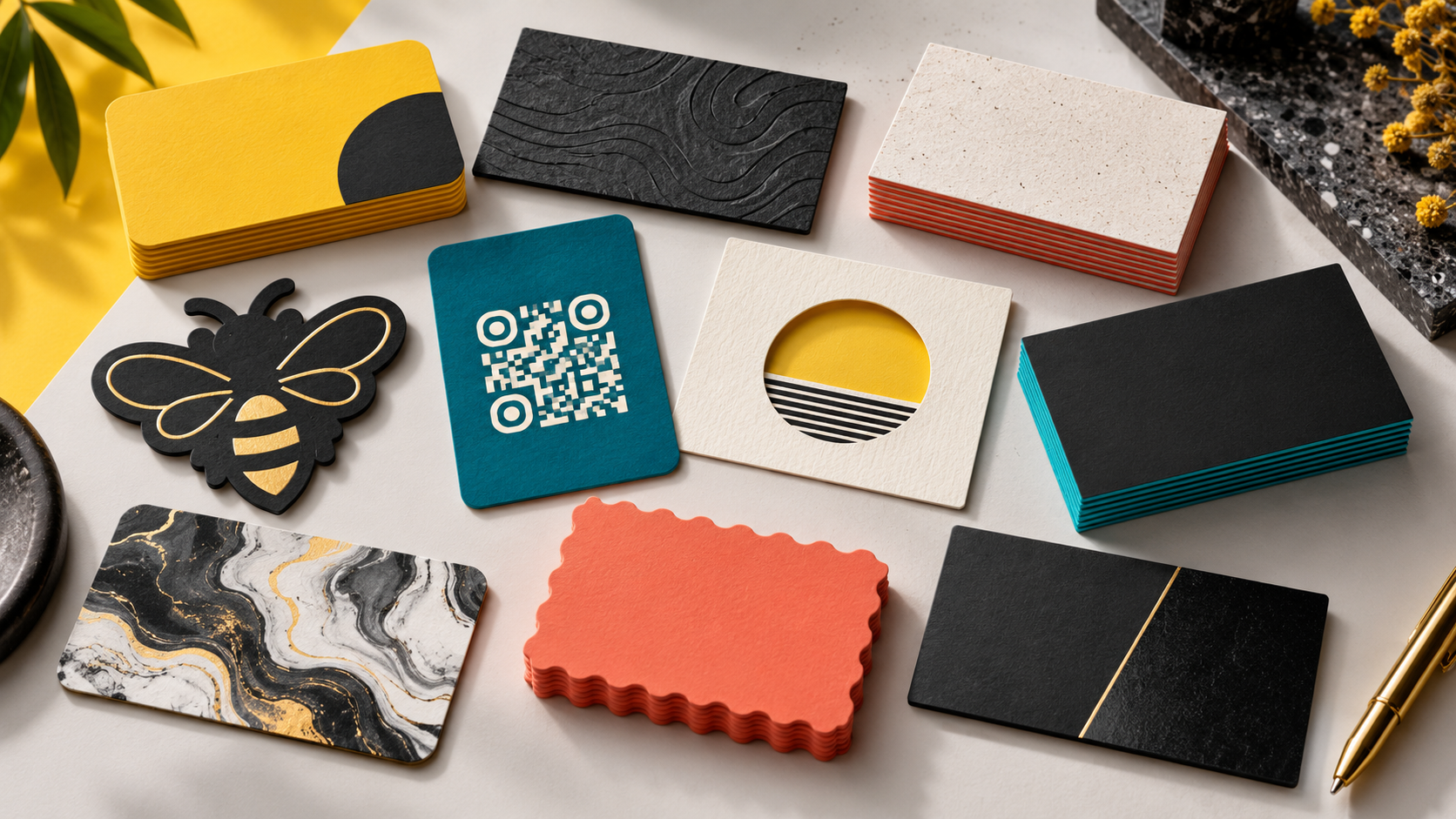 BizBee business-card guide visual for unique business card ideas for dubai brands showing distinct business card styles with textures, edge details, QR cues and specialty shapes.
