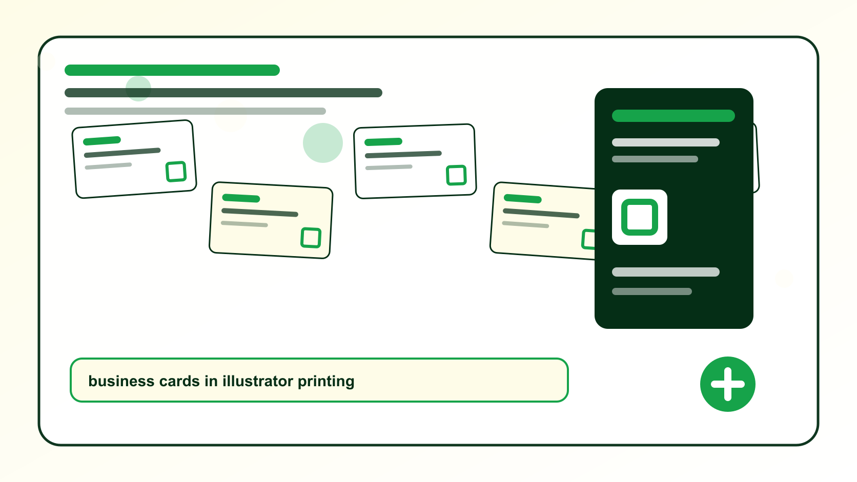 BizBee print guide visual for how to design business cards in illustrator before printing showing Illustrator-style business card artboard with bleed, safe area and export checklist.