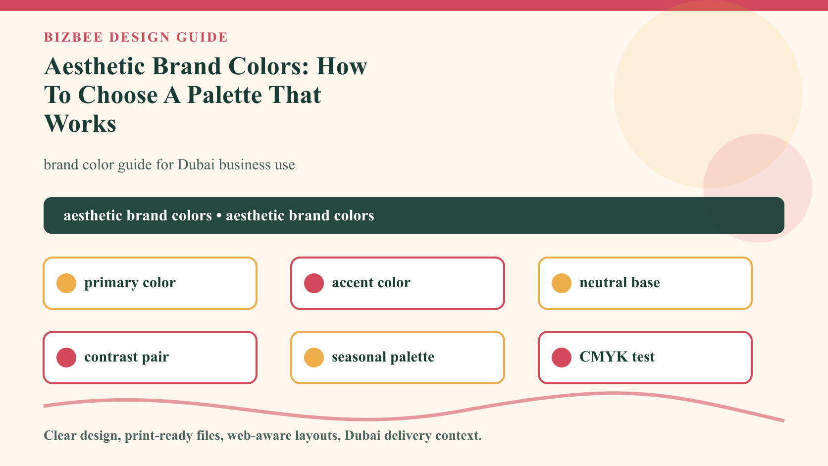 BizBee guide visual for aesthetic brand colors: how to choose a palette that works showing brand color palette board with swatches, contrast tests, packaging, card and web examples.
