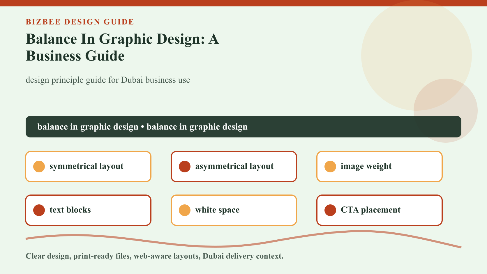 BizBee guide visual for balance in graphic design: a business guide showing layout balance examples for flyer, poster, business card, menu and website sections.