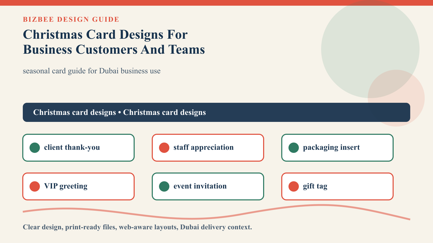 BizBee guide visual for christmas card designs for business customers and teams showing business Christmas card set with thank-you note, gift tag, envelope, insert and festive palette.