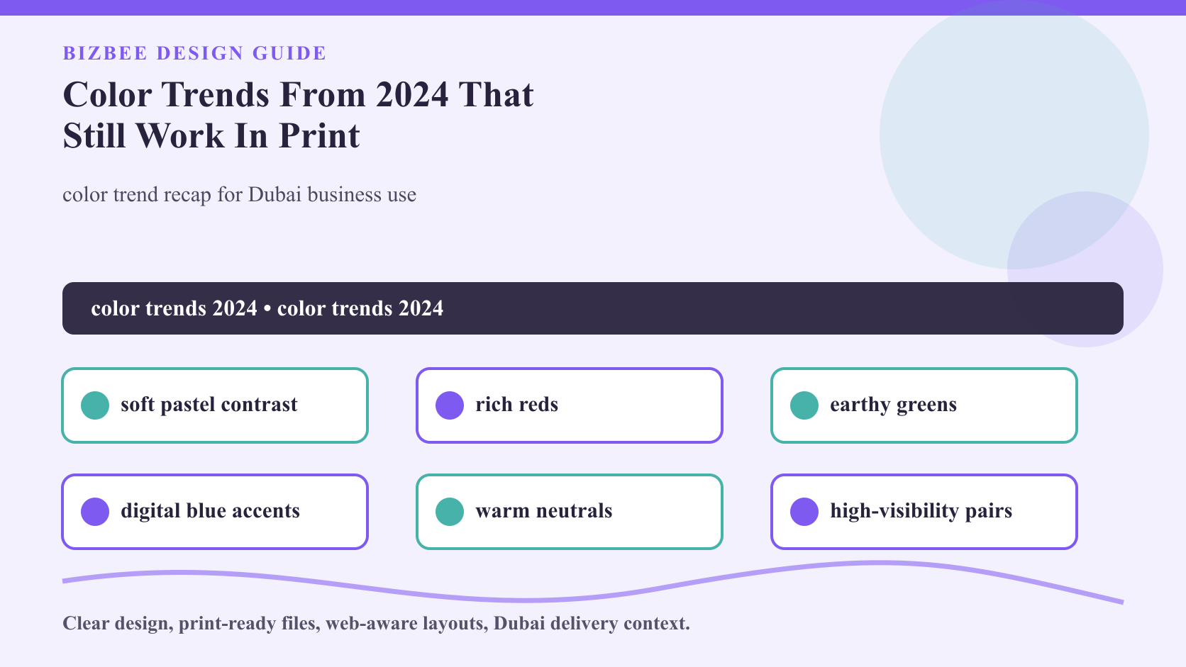 BizBee guide visual for color trends from 2024 that still work in print showing 2024 color trend swatches applied to flyers, packaging, cards, posters and signs.