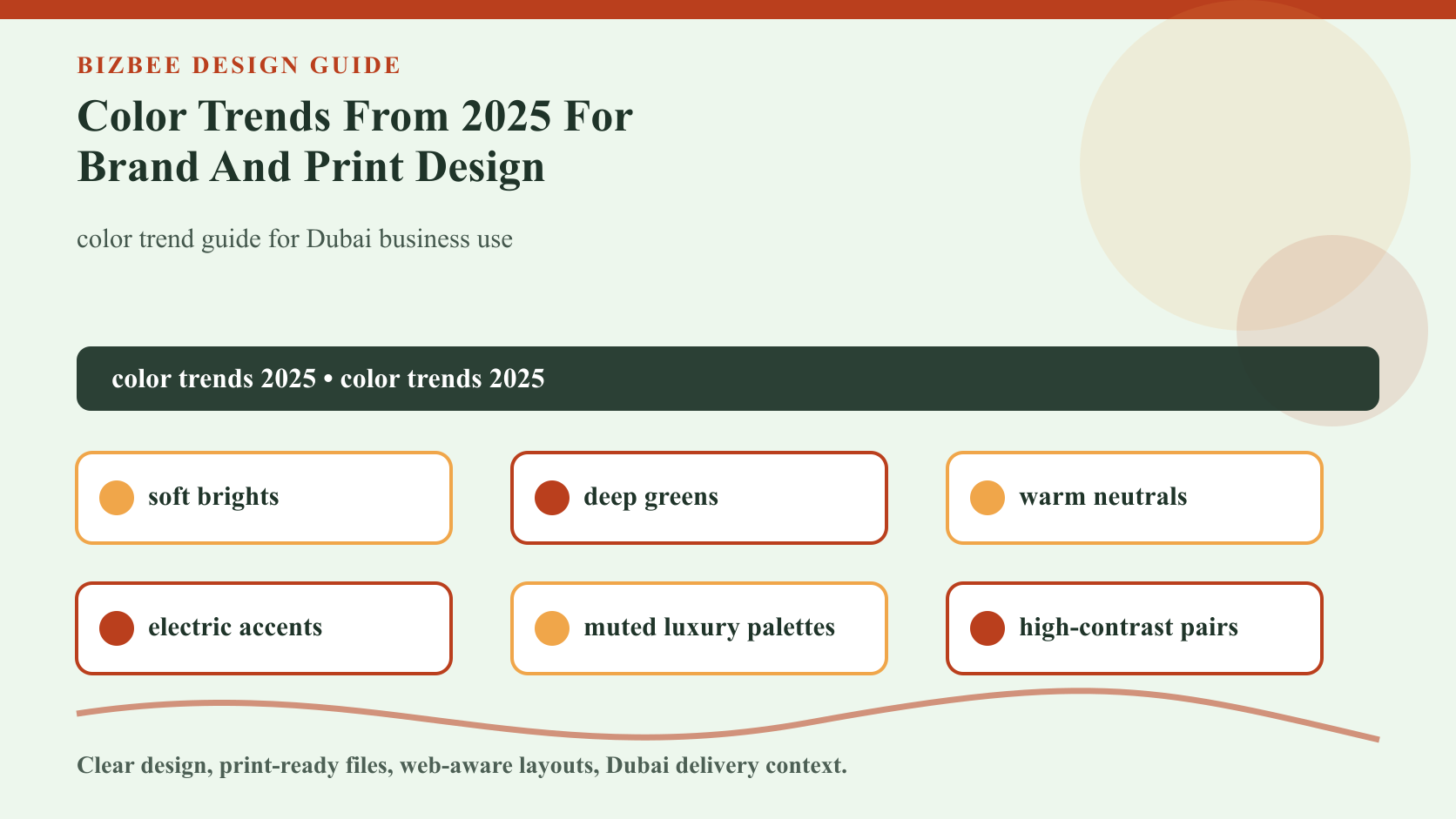 BizBee guide visual for color trends from 2025 for brand and print design showing 2025 business color palette board with print swatches, packaging, signage and apparel examples.