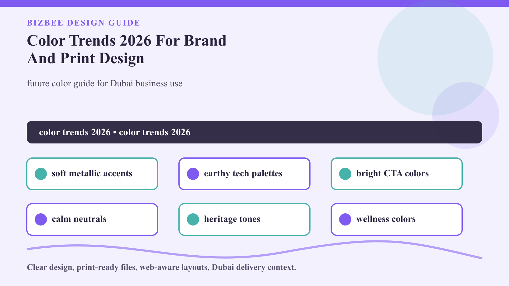 BizBee guide visual for color trends 2026 for brand and print design showing 2026 color trend palette board across packaging, signs, websites, cards and campaign materials.