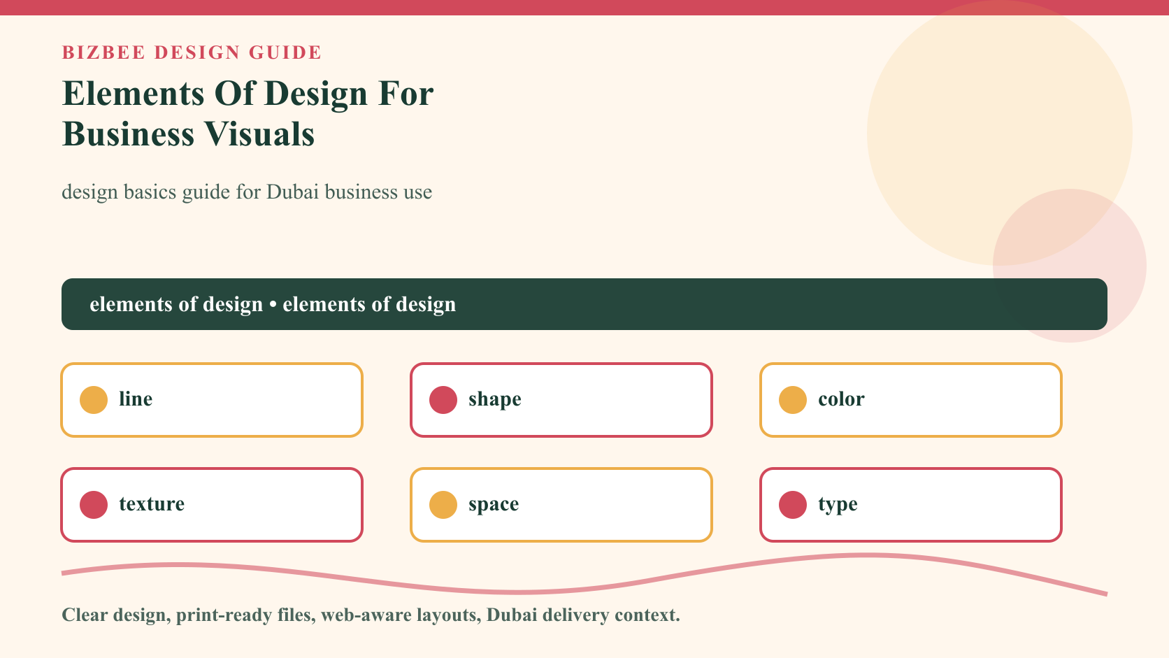 BizBee guide visual for elements of design for business visuals showing design elements board showing line, shape, color, texture, space and typography in business materials.