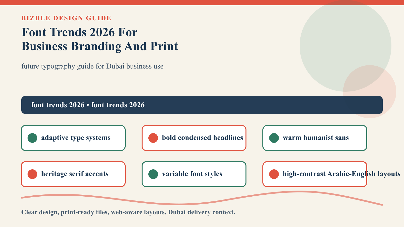BizBee guide visual for font trends 2026 for business branding and print showing 2026 font trend system with headline, body, logo, packaging and signage typography examples.