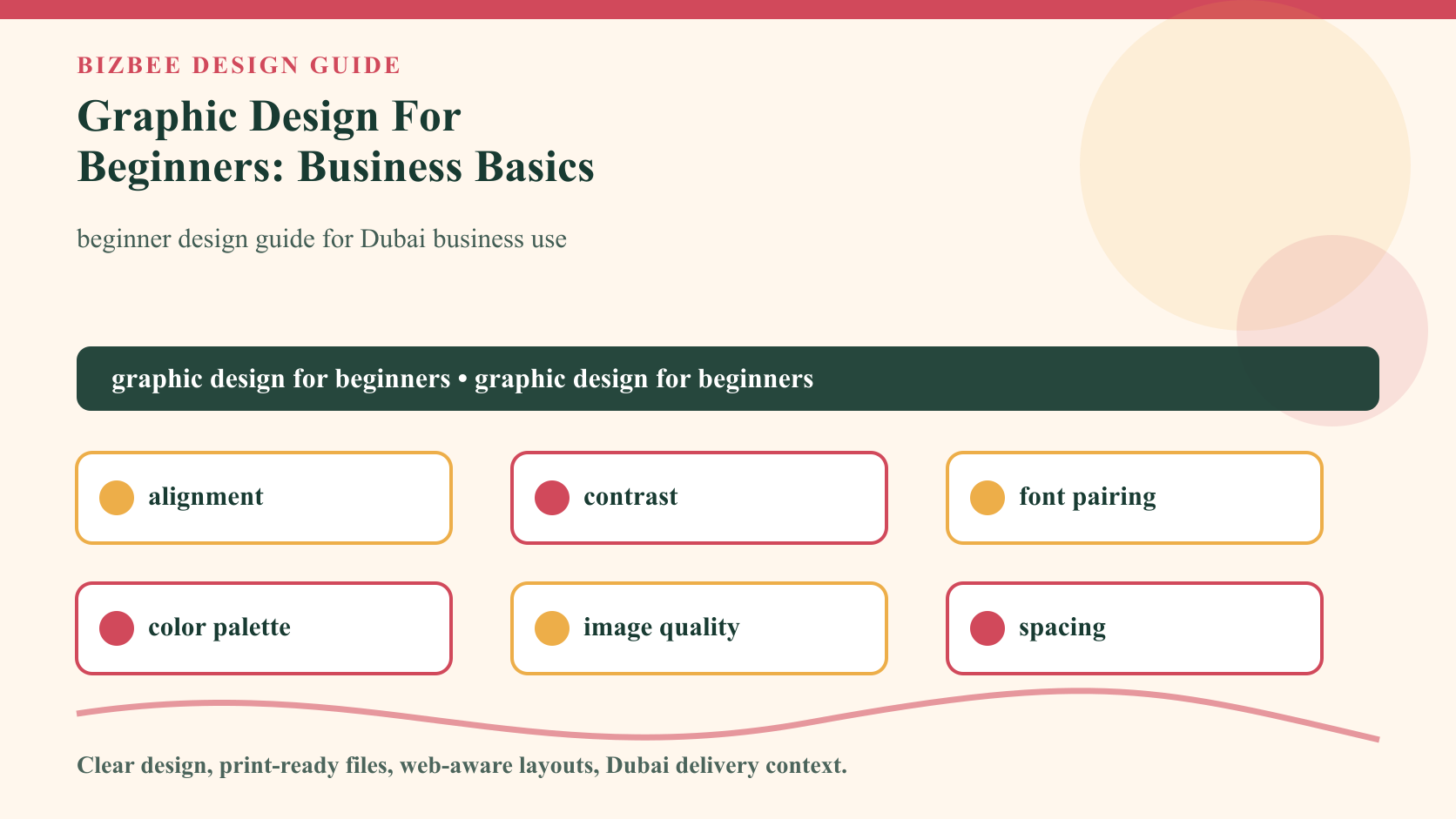 BizBee guide visual for graphic design for beginners: business basics showing beginner design checklist with alignment, contrast, typography, spacing, color and image quality.