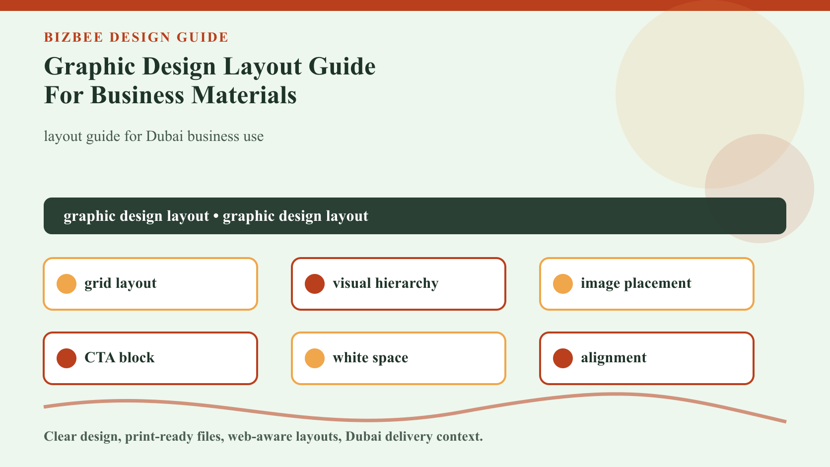 BizBee guide visual for graphic design layout guide for business materials showing business layout guide showing grid, hierarchy, image placement, CTA area and whitespace.