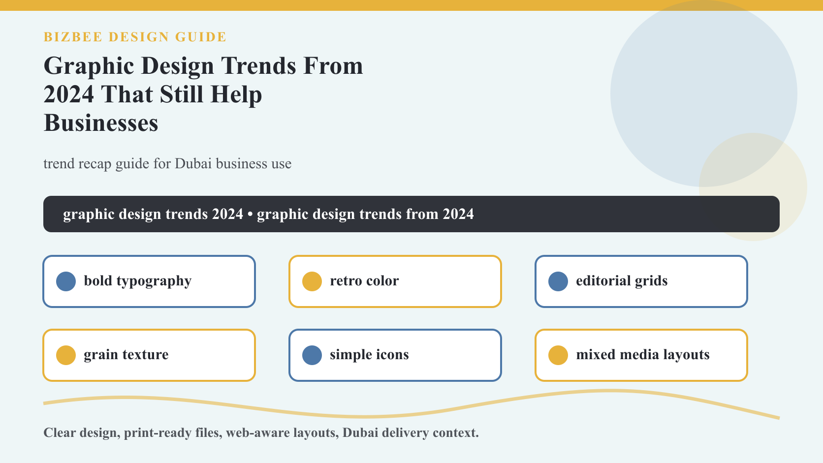 BizBee guide visual for graphic design trends from 2024 that still help businesses showing 2024-inspired design trend board with type, color, layout, texture and print examples.