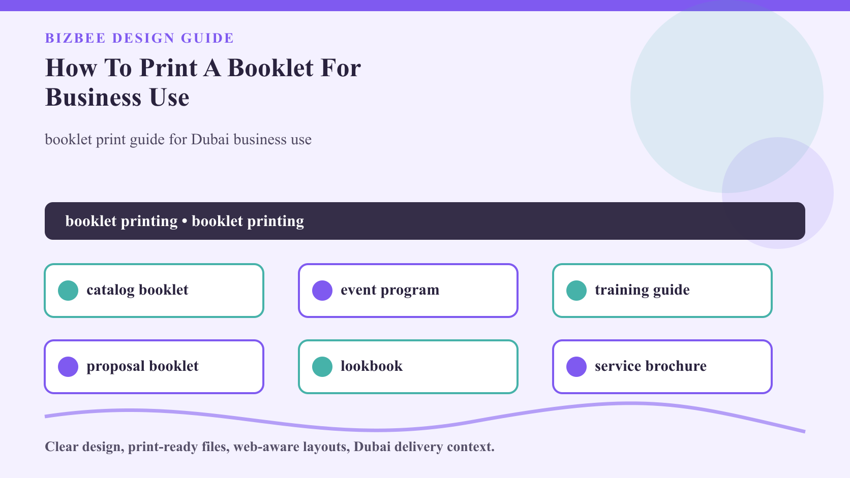 BizBee guide visual for how to print a booklet for business use showing booklet production workflow with page count, spread layout, paper, binding, cover and proofing.