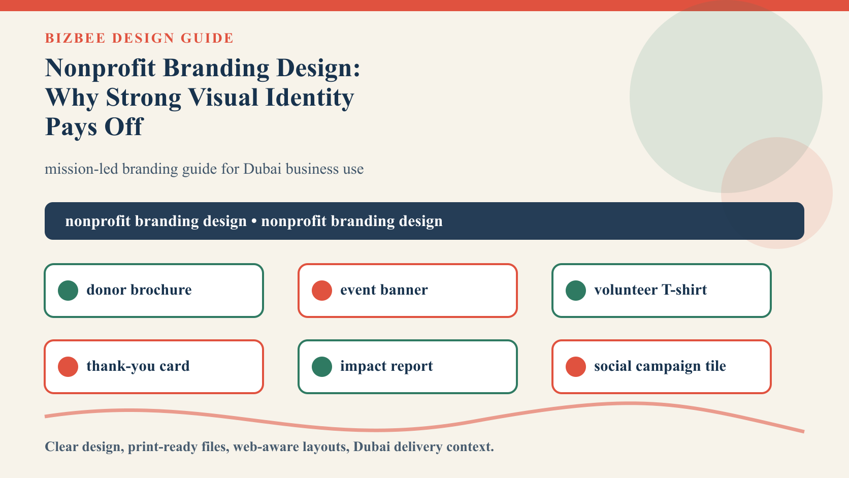 BizBee guide visual for nonprofit branding design: why strong visual identity pays off showing nonprofit campaign identity board with donor brochure, event banner, T-shirt, report and thank-you card.