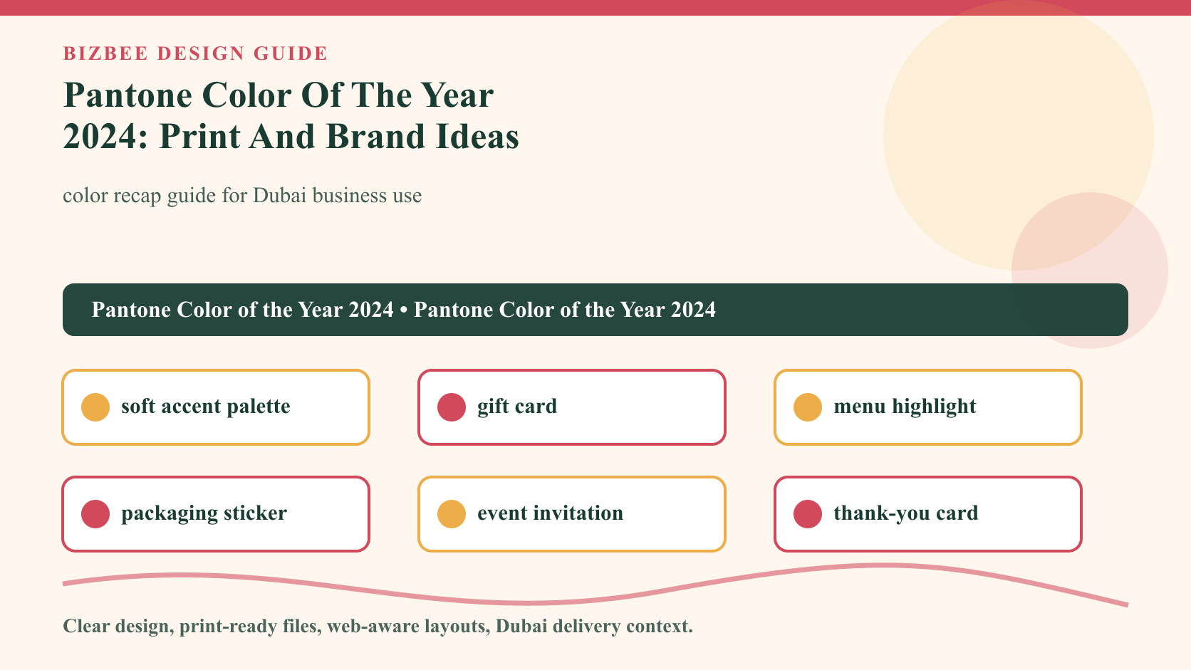 BizBee guide visual for pantone color of the year 2024: print and brand ideas showing 2024 Pantone-inspired print set with cards, invitations, packaging labels and campaign signage.