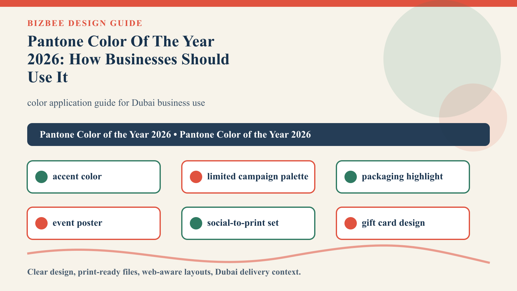 BizBee guide visual for pantone color of the year 2026: how businesses should use it showing Pantone-inspired campaign palette across cards, packaging, posters, event signs and digital assets.