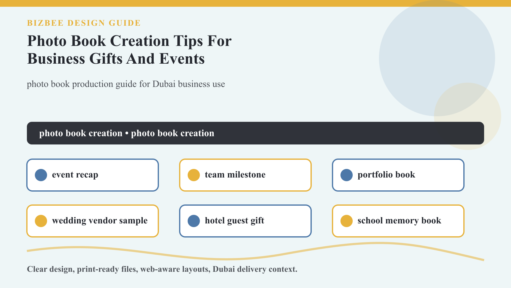 BizBee guide visual for photo book creation tips for business gifts and events showing photo book workflow with image selection, spreads, captions, cover, proof and gift packaging.