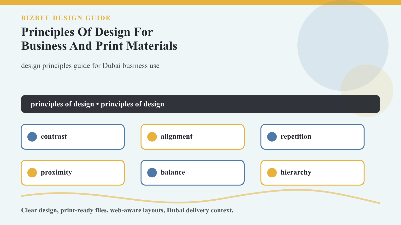 BizBee guide visual for principles of design for business and print materials showing design principles board with contrast, hierarchy, alignment, repetition, balance and proximity examples.