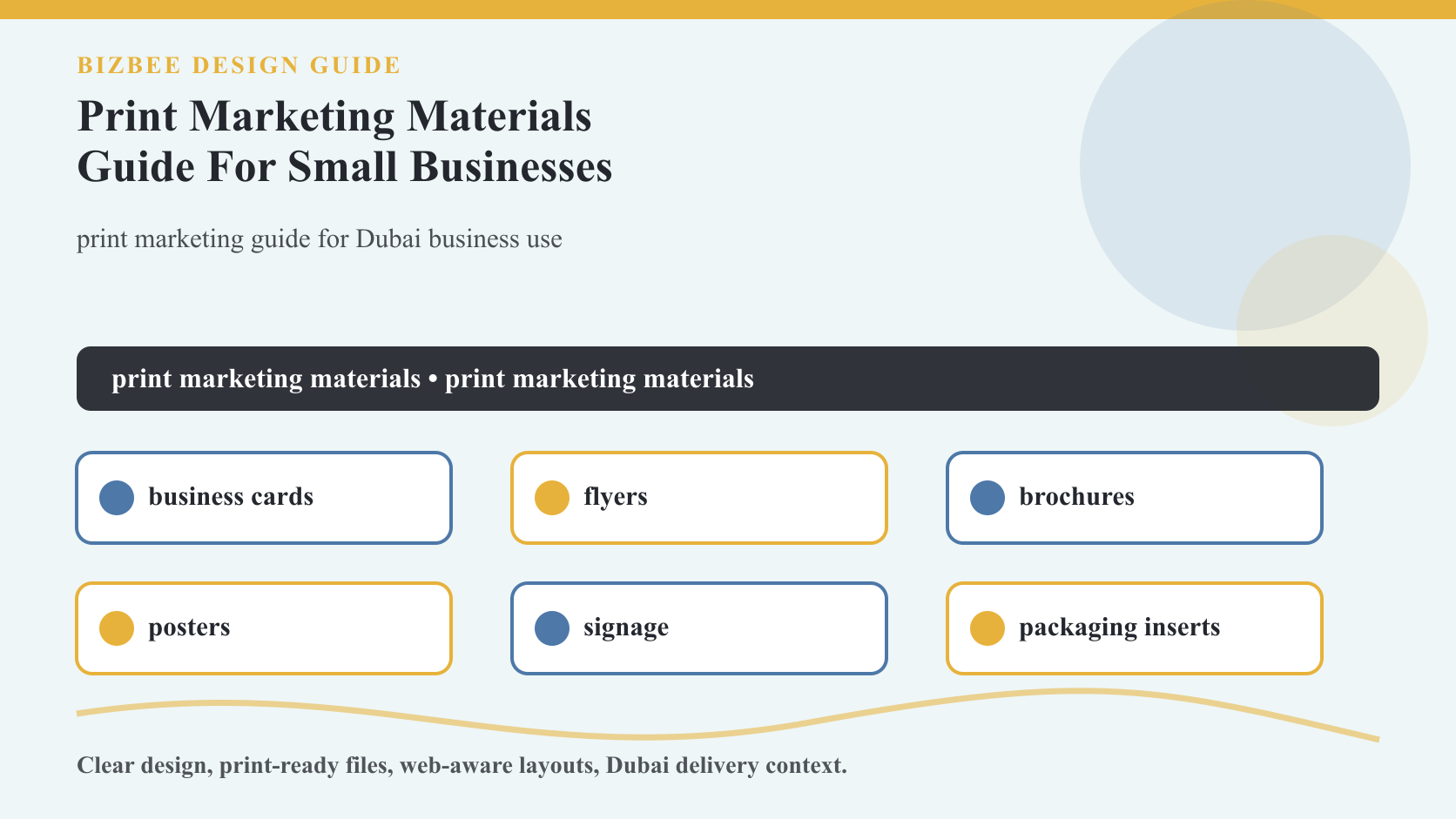 BizBee guide visual for print marketing materials guide for small businesses showing print marketing kit with cards, flyers, brochures, posters, signs, packaging and customer follow-up pieces.