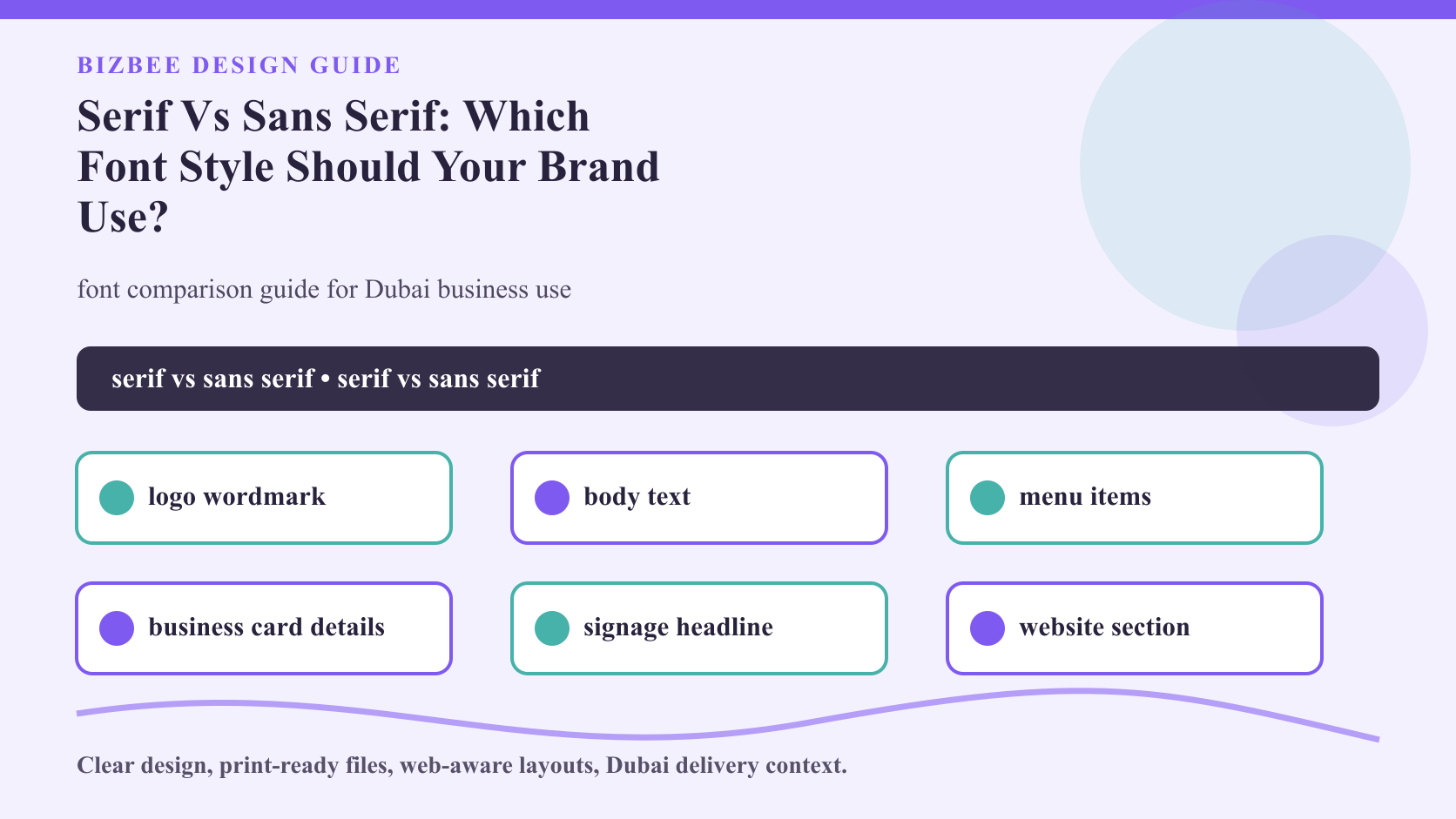 BizBee guide visual for serif vs sans serif: which font style should your brand use? showing serif and sans serif comparison across logo, business card, menu, website and signage examples.