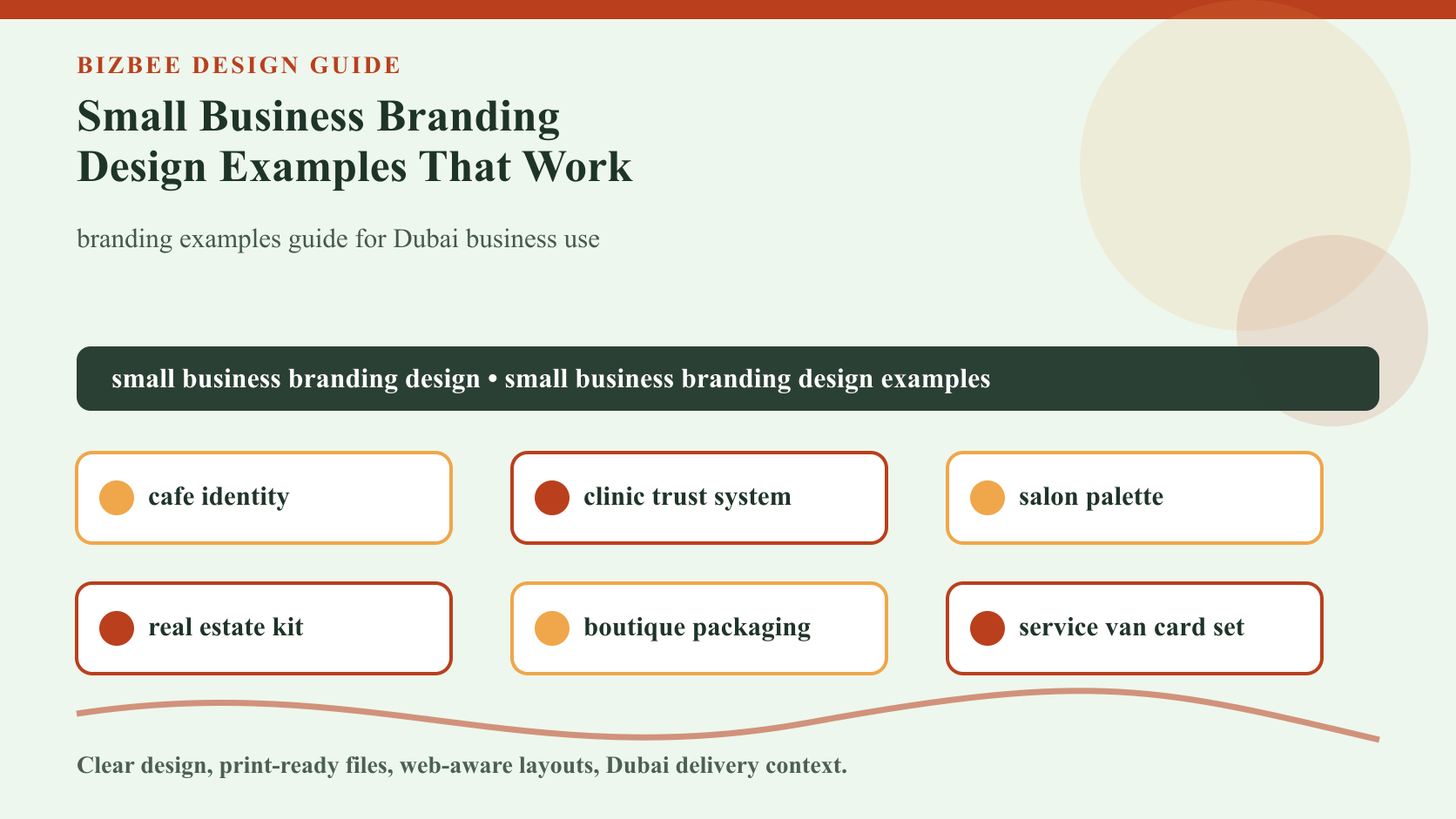 BizBee guide visual for small business branding design examples that work showing small business brand identity examples across cards, packaging, signage, uniforms and web screens.