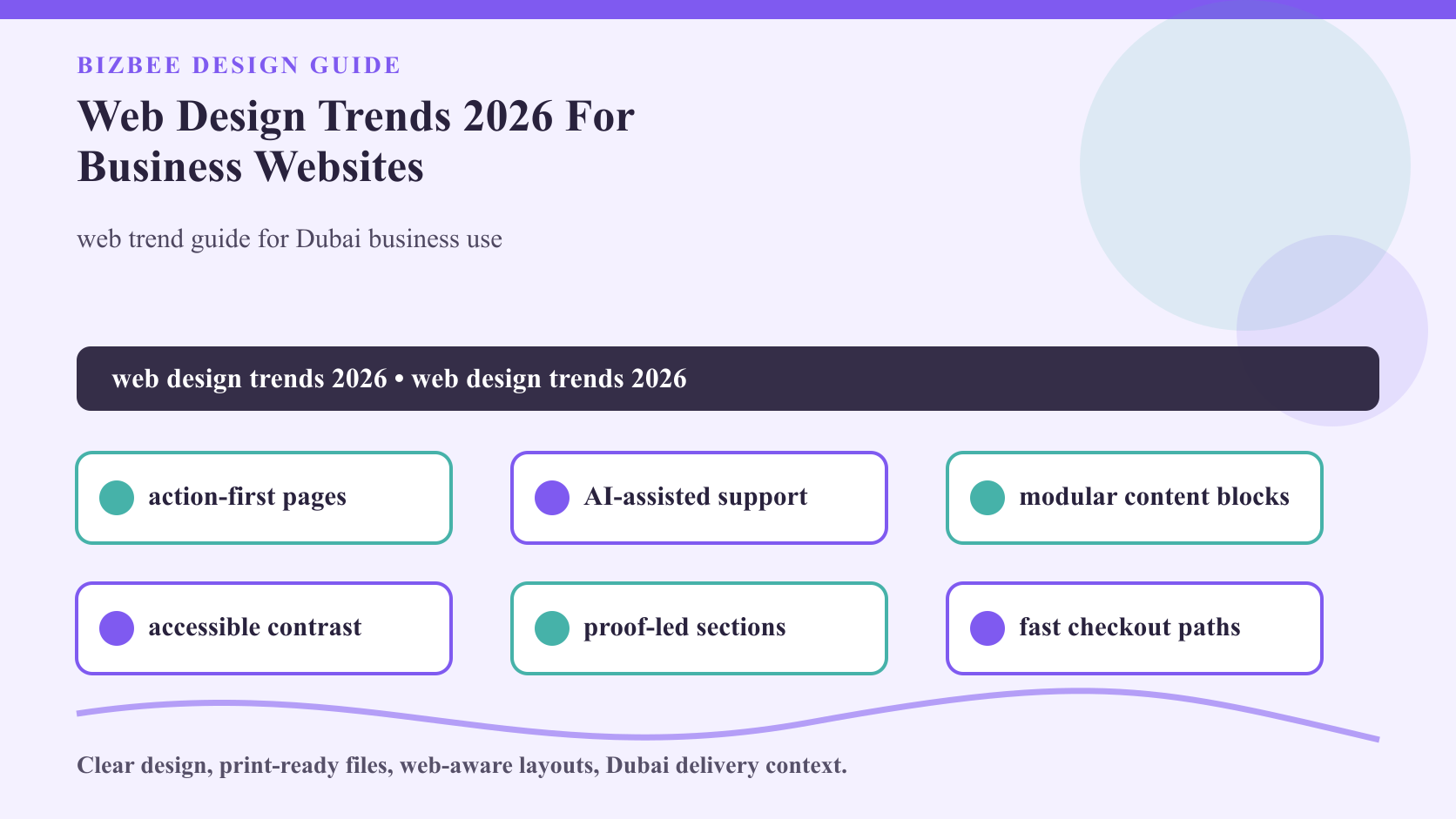BizBee guide visual for web design trends 2026 for business websites showing 2026 web design trend board with modular blocks, mobile CTA, trust proof, accessible colors and support flow.