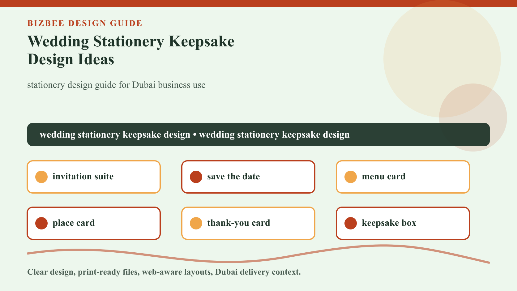 BizBee guide visual for wedding stationery keepsake design ideas showing wedding stationery set with invitation, save-the-date, menu, place card, thank-you card and keepsake box.