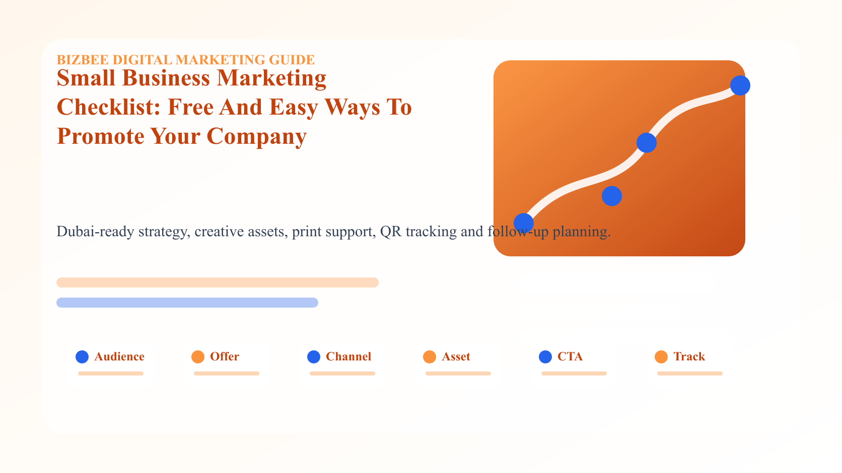 BizBee guide visual for small business marketing checklist: free and easy ways to promote your company showing small business marketing checklist board with Google, reviews, referrals, social, flyers, email and partnerships.