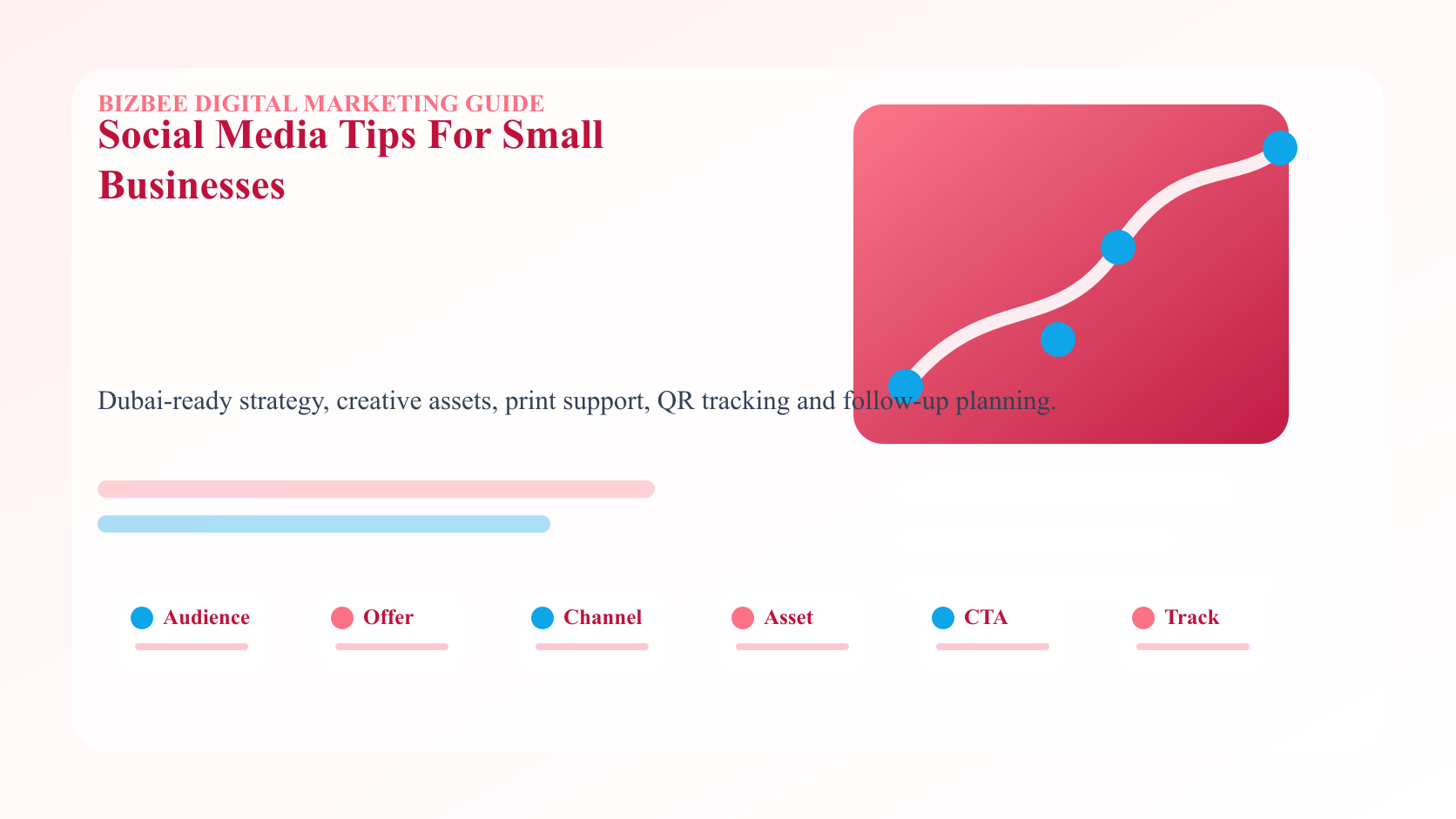 BizBee guide visual for social media tips for small businesses showing social content calendar with pillars, captions, visuals, hashtags, engagement notes and analytics.