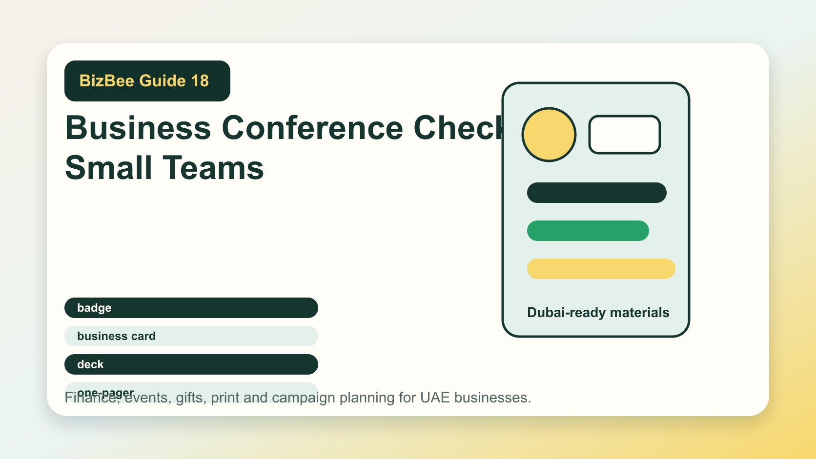 BizBee guide visual for business conference checklist for small teams showing conference preparation kit with badges, cards, decks, one-pagers, signs and follow-up checklist.