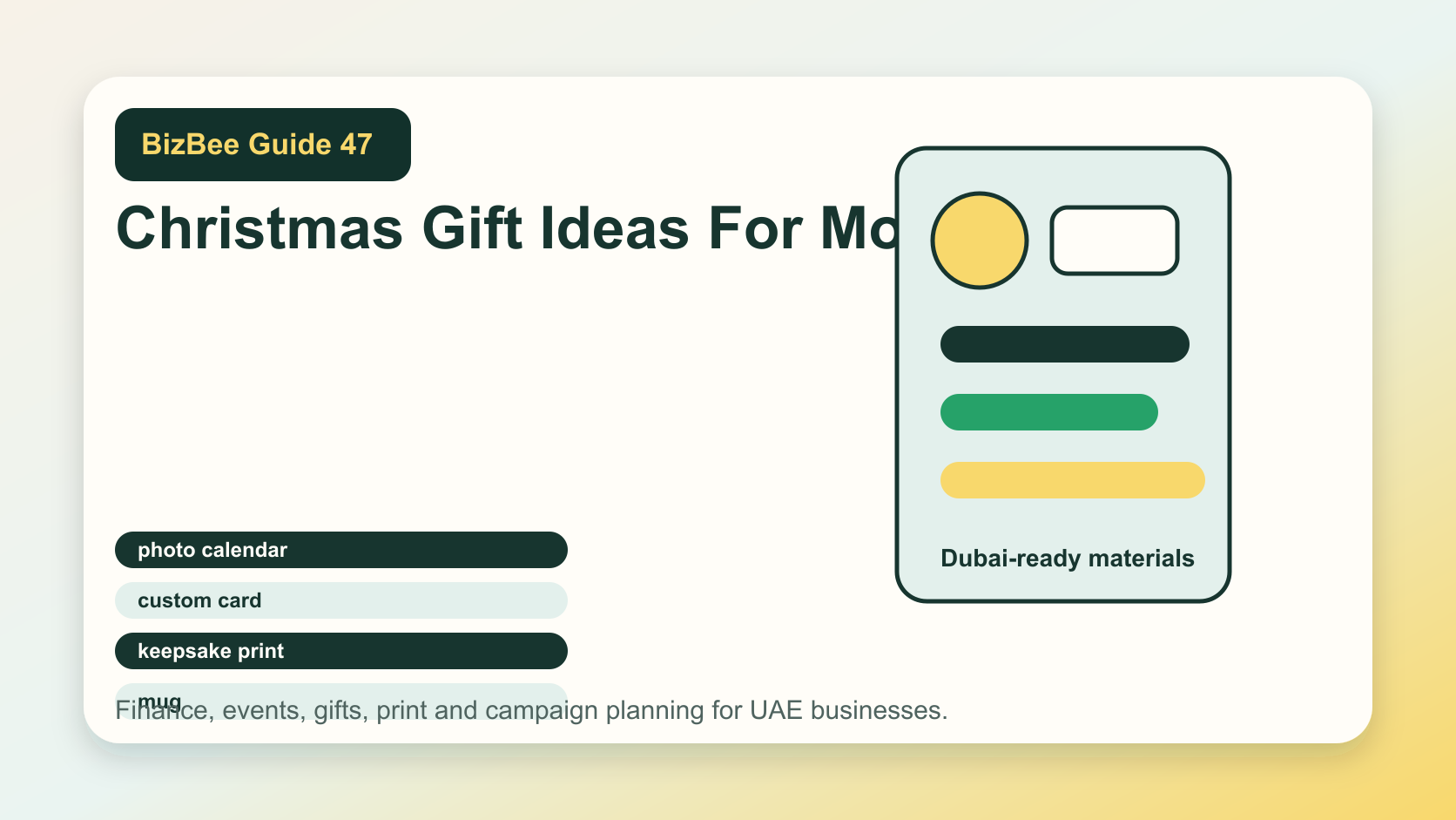 BizBee guide visual for christmas gift ideas for mom showing Christmas gifts for mom with calendars, cards, keepsake prints, mugs, tags and premium boxes.