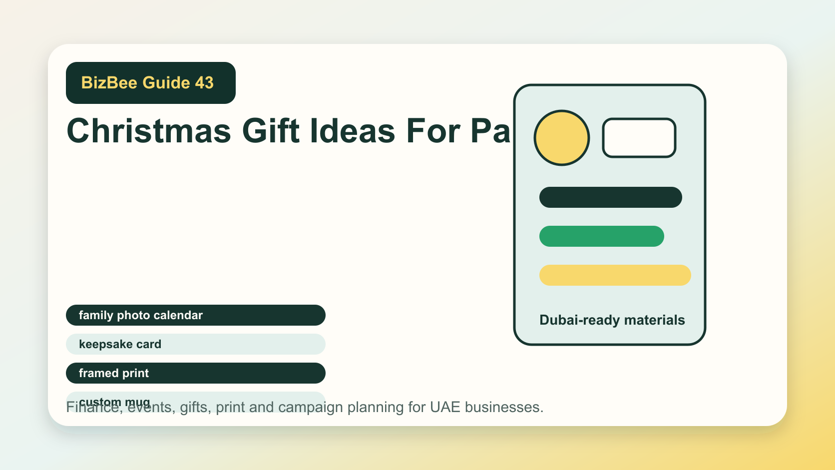 BizBee guide visual for christmas gift ideas for parents showing parent gift ideas with calendars, keepsake cards, framed prints, mugs, posters and packaging.