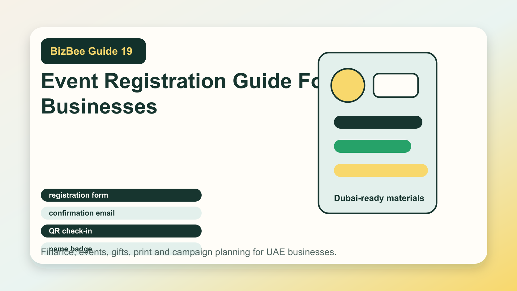 BizBee guide visual for event registration guide for small businesses showing event registration flow with forms, QR check-in, badges, reminders, payment notes and attendee sheet.