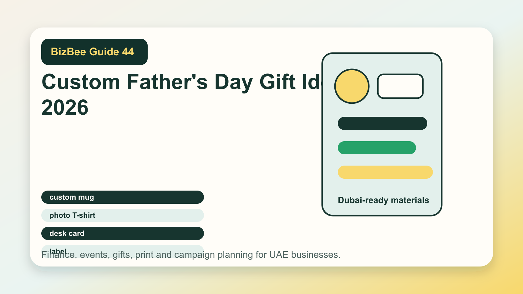 BizBee guide visual for custom father's day gift ideas for 2026 showing Father's Day gift materials with mugs, T-shirts, photo prints, cards, labels and boxes.