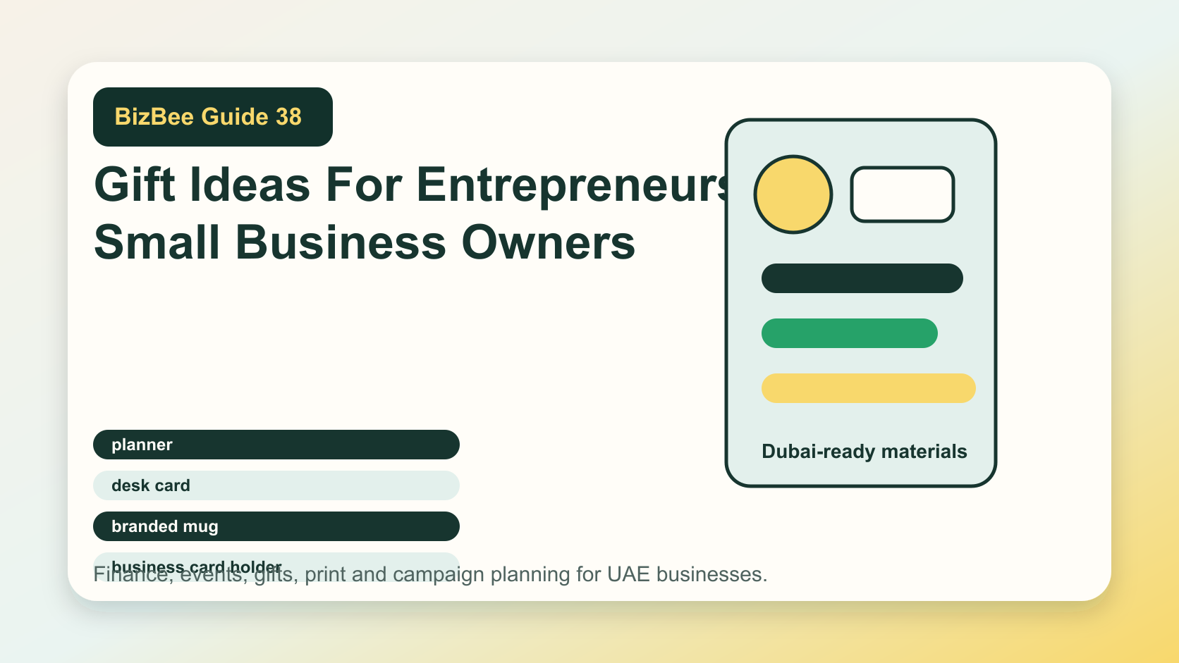 BizBee guide visual for gift ideas for entrepreneurs and small business owners showing entrepreneur gift sets with planners, notebooks, mugs, desk cards, business cards and launch kits.