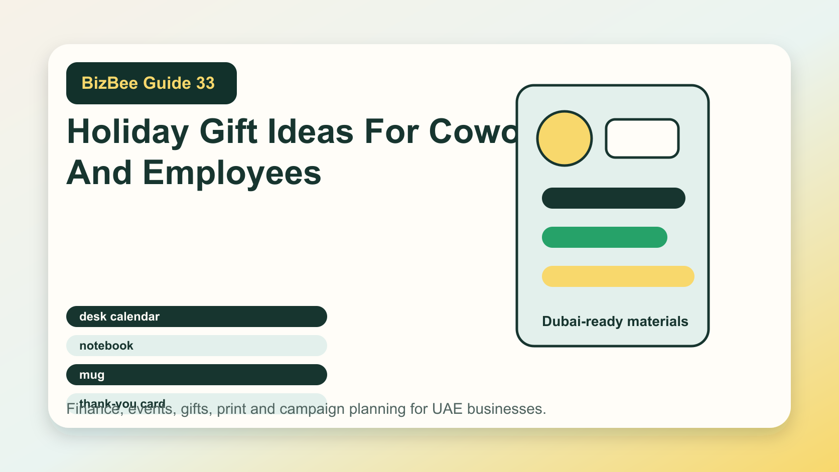 BizBee guide visual for holiday gift ideas for coworkers and employees showing coworker gift ideas with calendars, notebooks, mugs, cards, stickers and gift bags.