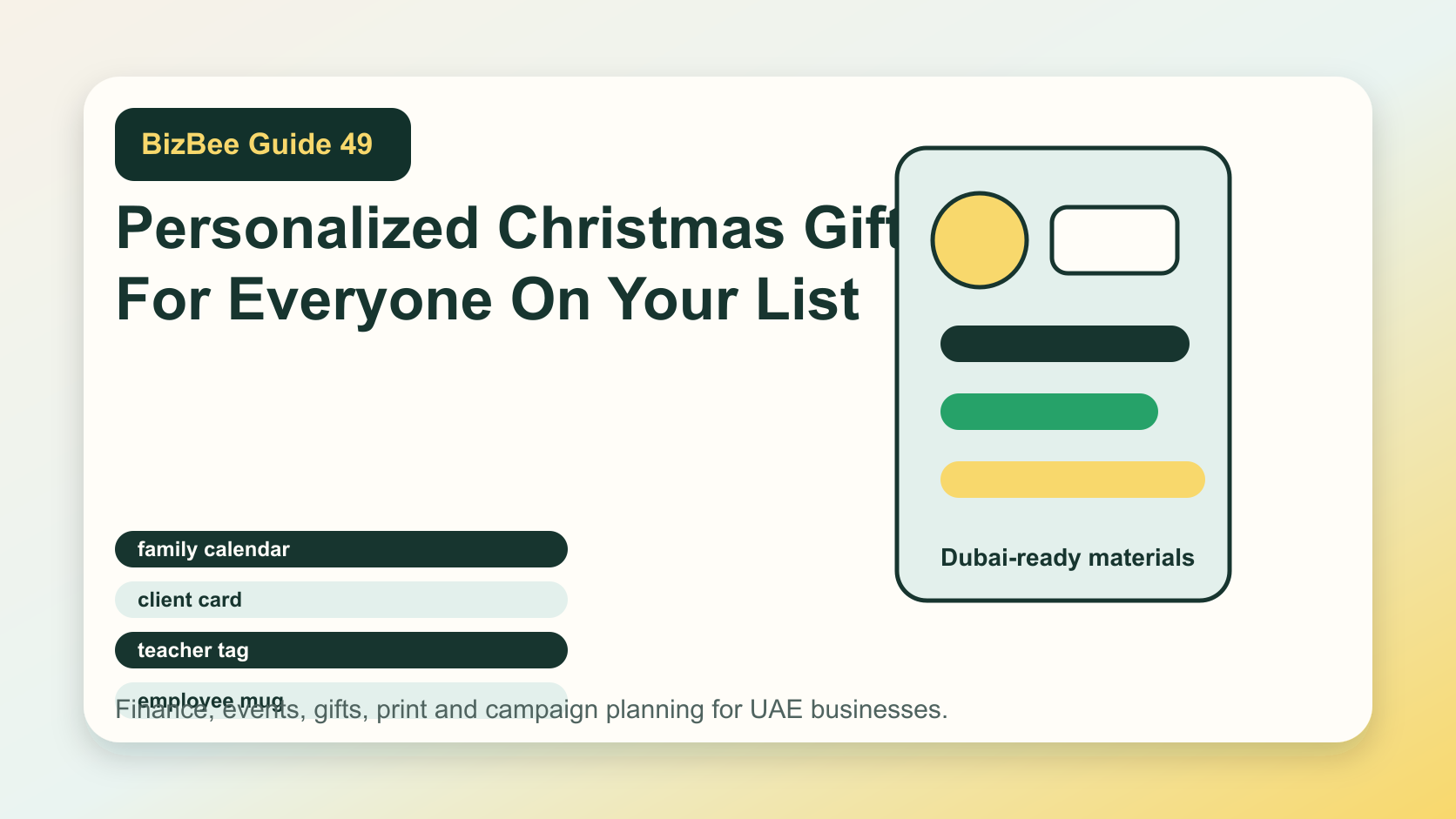 BizBee guide visual for personalized christmas gift ideas for everyone on your list showing personalized Christmas gift bundles with calendars, cards, mugs, labels, tags and branded boxes.