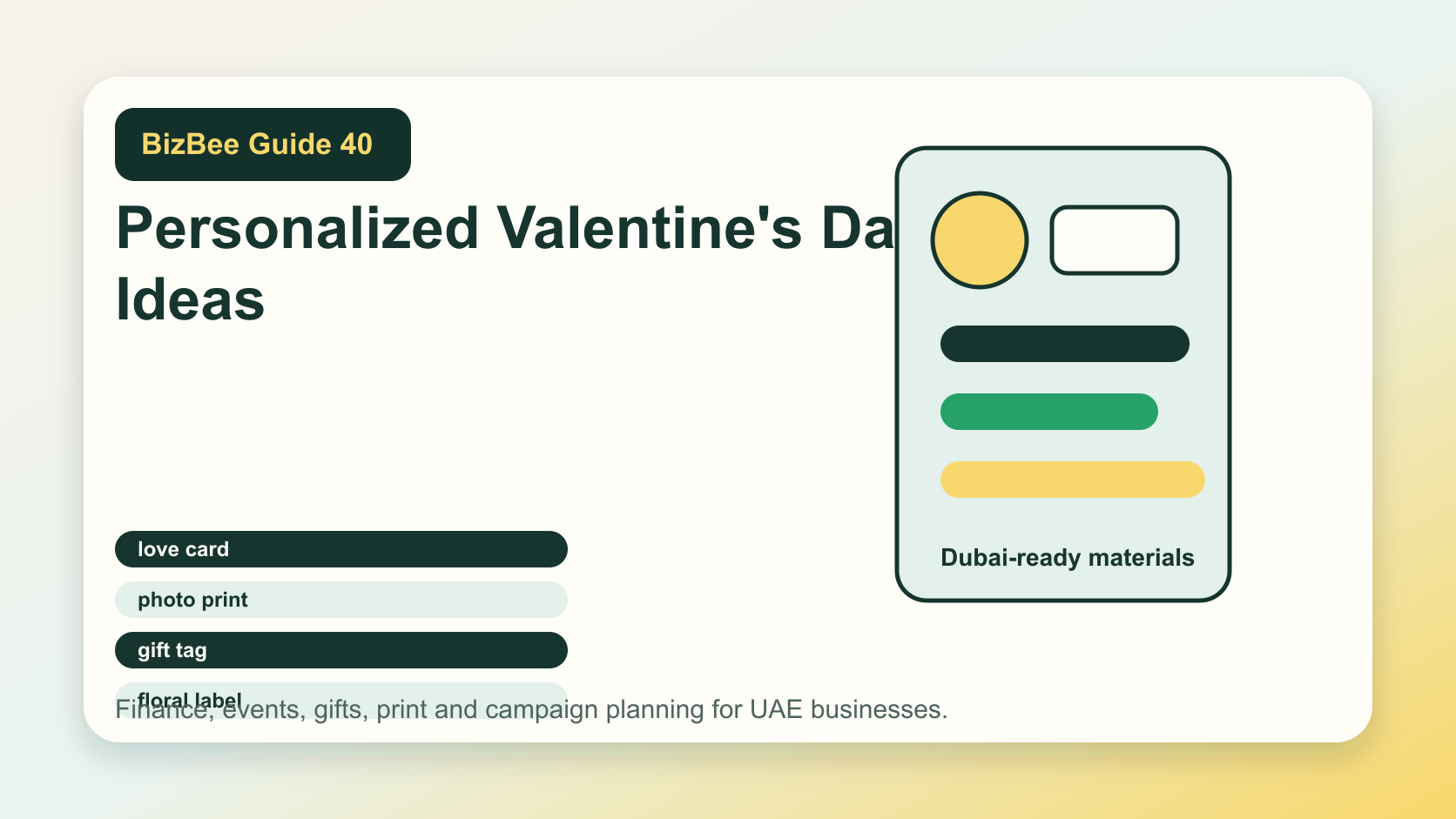 BizBee guide visual for personalized valentine's day gift ideas showing Valentine gift materials with cards, photo prints, mugs, tags, floral labels and premium boxes.