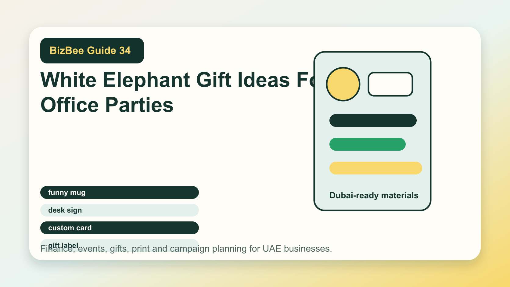BizBee guide visual for white elephant gift ideas for office parties showing White Elephant gift options with mugs, desk signs, custom cards, labels, posters and wrapped boxes.