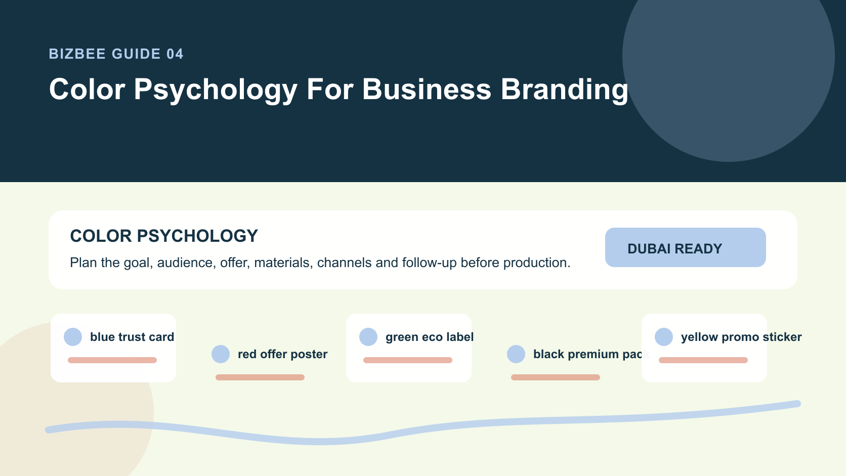 BizBee guide visual for color psychology for business branding showing color psychology board with 11 color swatches applied to cards, labels, posters and packaging.