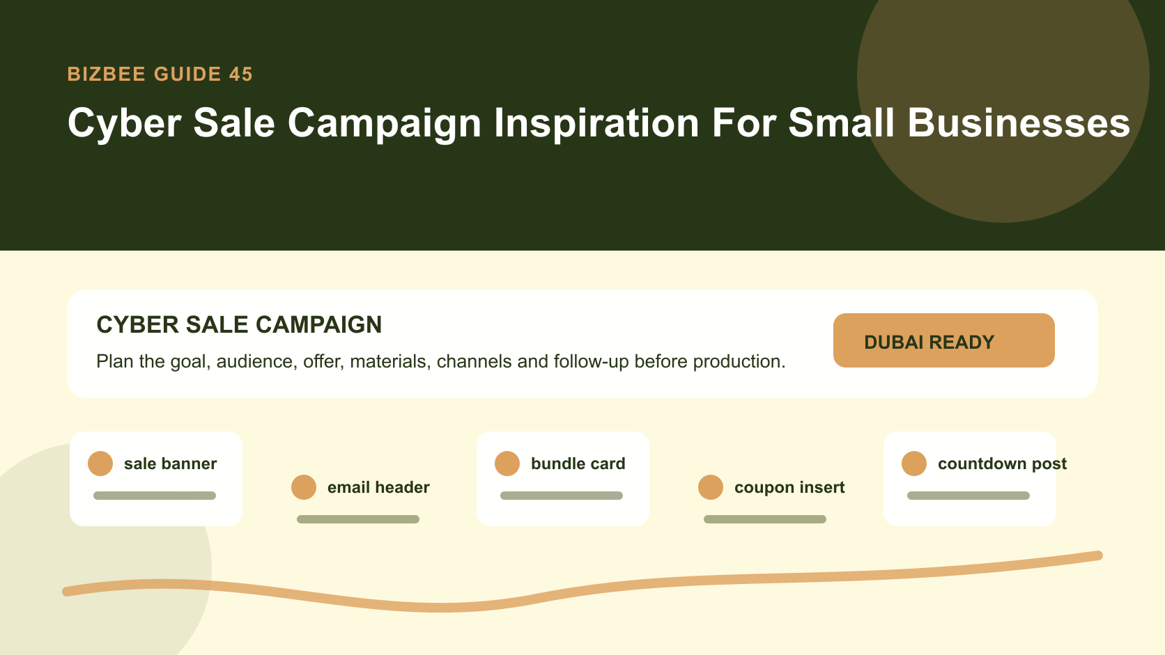 BizBee guide visual for cyber sale campaign inspiration for small businesses showing cyber sale campaign board with offer banners, email headers, coupon inserts, countdown posts and QR flyers.