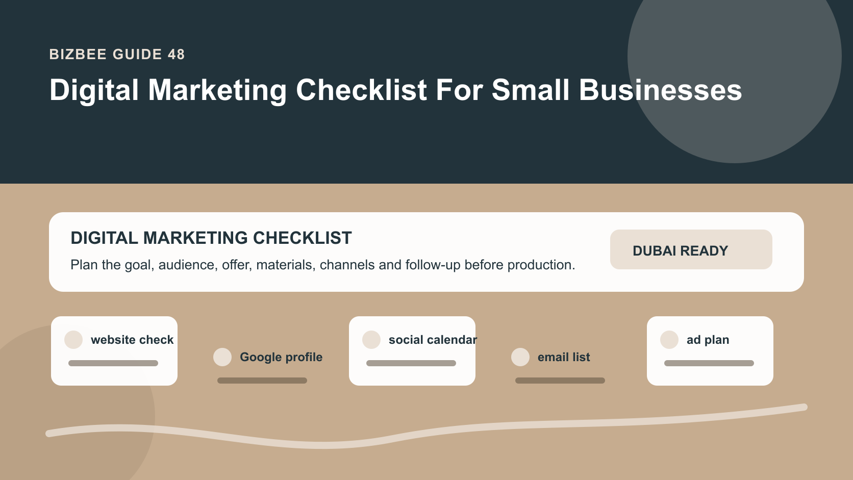 BizBee guide visual for digital marketing checklist for small businesses showing digital marketing checklist board with website, search, social, email, ads, content and reporting steps.