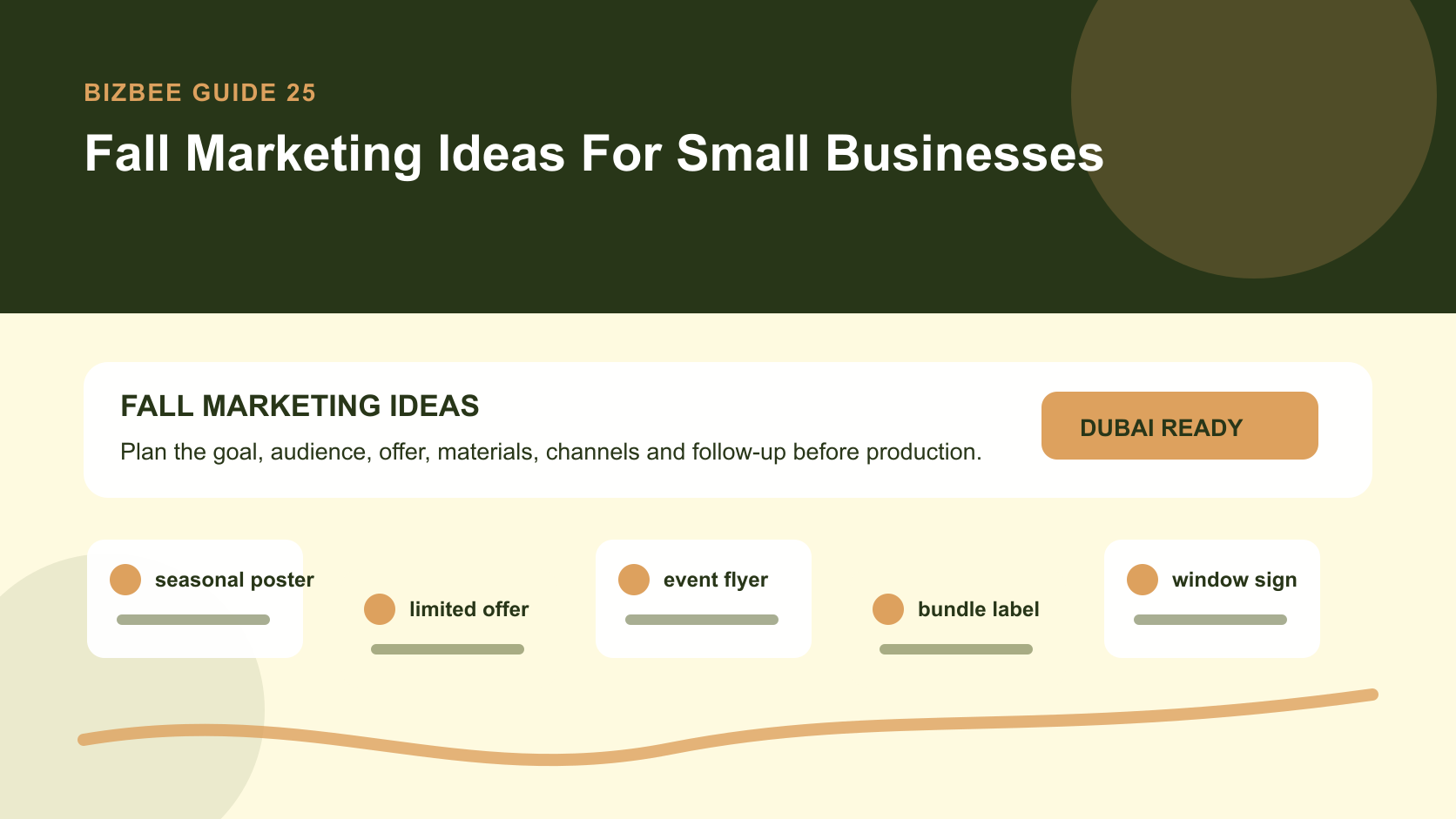 BizBee guide visual for fall marketing ideas for small businesses showing fall marketing campaign board with posters, window signs, labels, flyers and email headers.