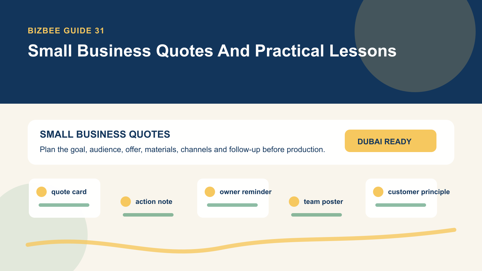 BizBee guide visual for small business quotes and practical lessons showing small business quote board with quote cards, team reminders, action notes and customer principles.