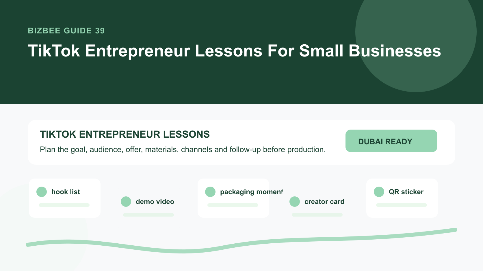 BizBee guide visual for tiktok entrepreneur lessons for small businesses showing TikTok entrepreneur kit with hooks, product demos, packaging moments, QR stickers and offer posts.
