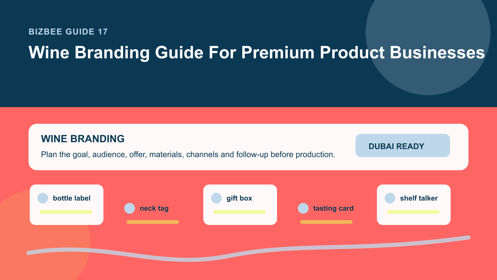 BizBee guide visual for wine branding guide for premium product businesses showing premium wine-inspired branding kit with labels, boxes, tags, shelf cards and story panels.